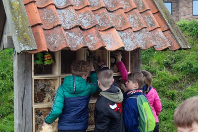 Die Kinder geben dem Insektenhotel den letzten Schliff.